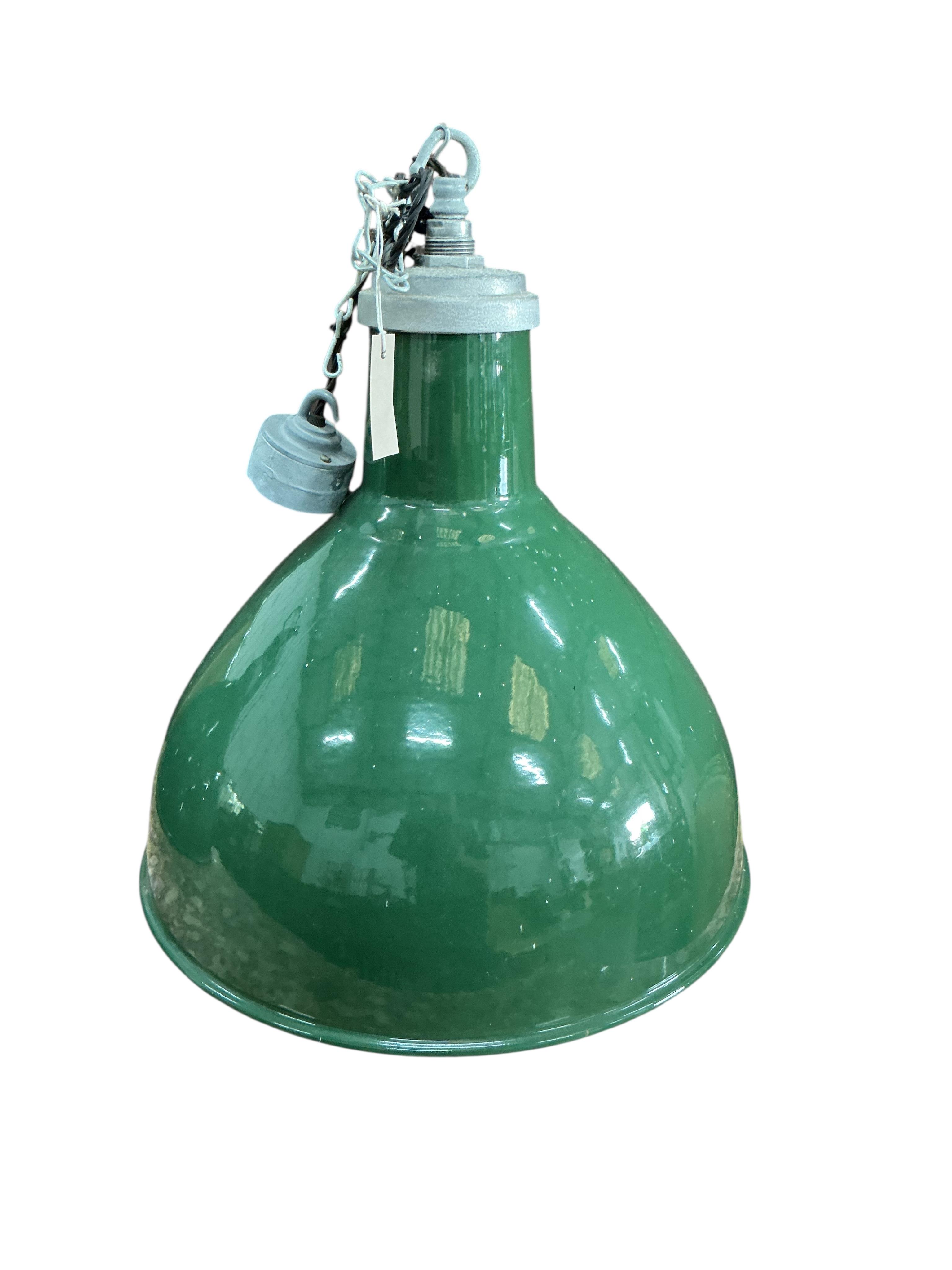 A pair of vintage green industrial style ceiling shades, diameter 48cm, height 40cm
